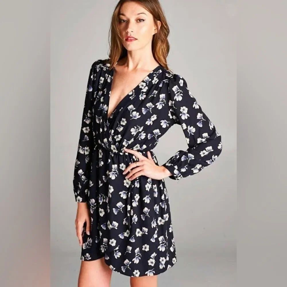 Anthropologie Sugar + Lips Blue Floral Wrap Jumpsuit with Bishop Sleeves
